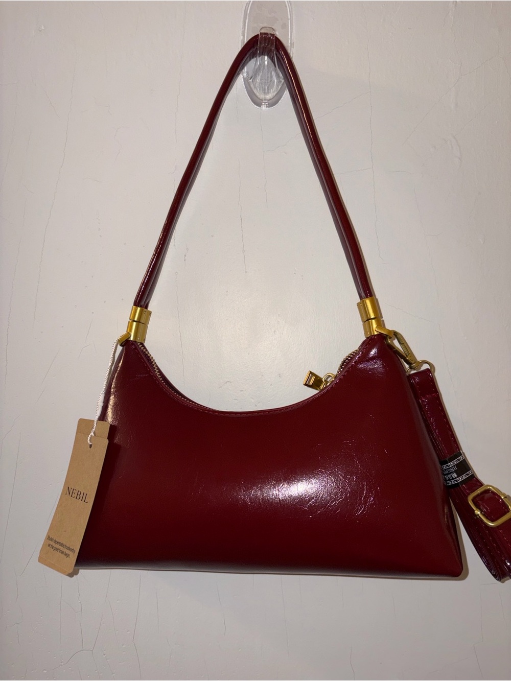 Elegant Burgundy Faux Leather Shoulder/Crossbody Bag with Gold Hardware